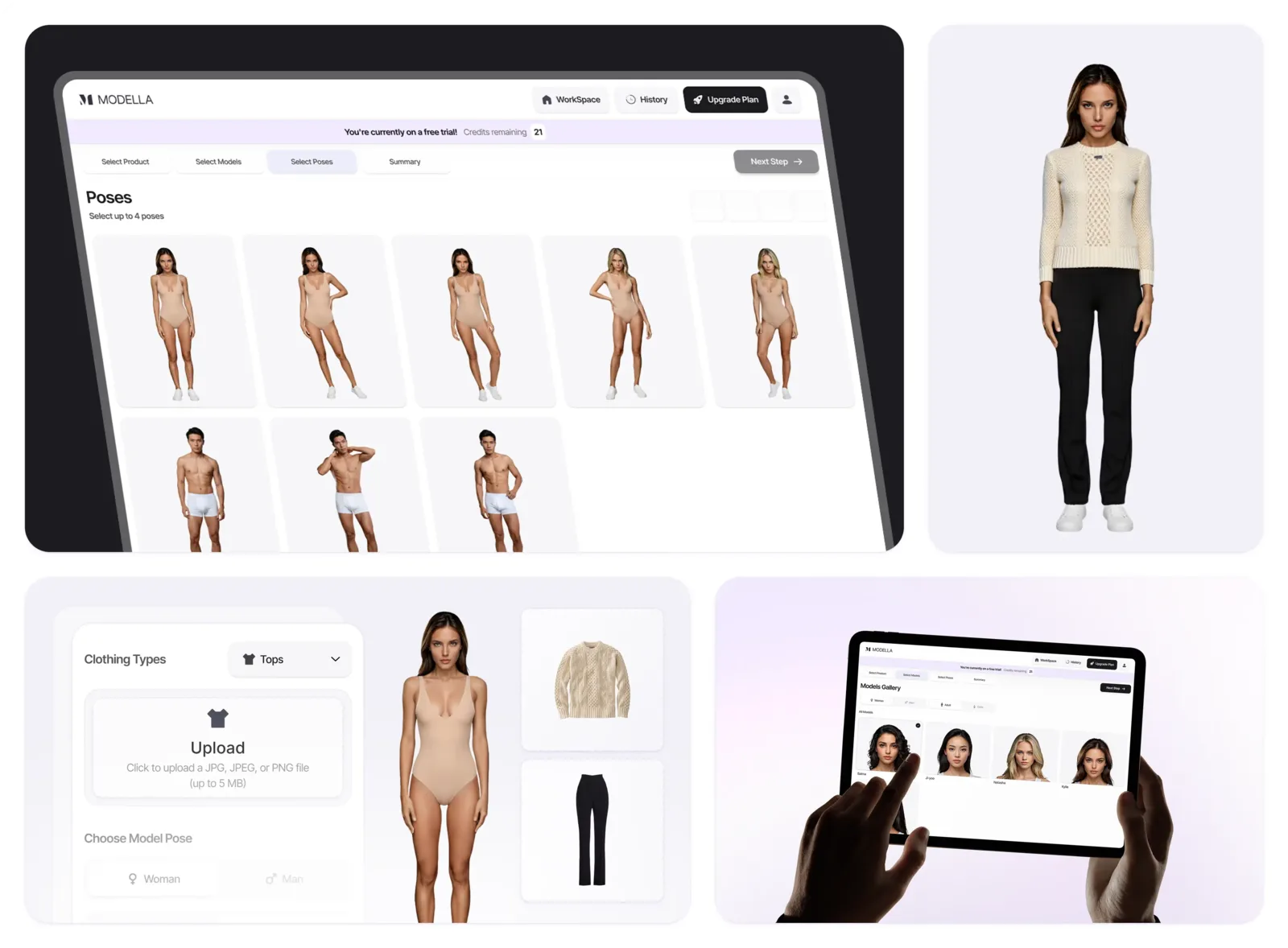 Modella interface showing model selection, clothing uploads and AI-generated outfit previews