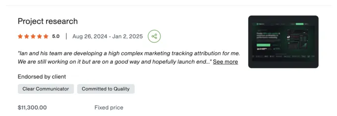 Upwork review screenshot: Marketing attribution