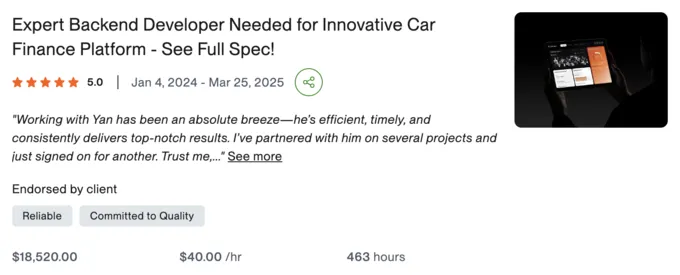 Upwork review screenshot: Car finance platform