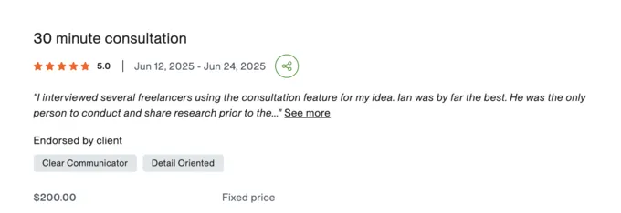 Upwork review screenshot: 30-minute consultation