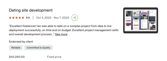 Upwork review screenshot: Dating site development