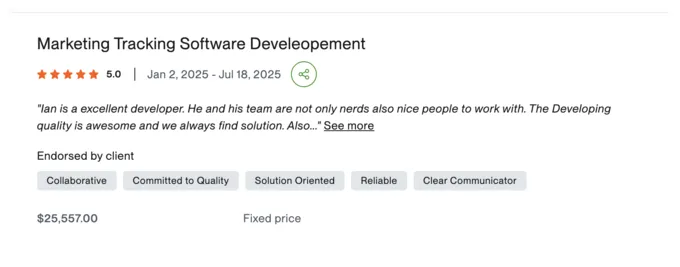 Upwork review screenshot: Marketing tracking software