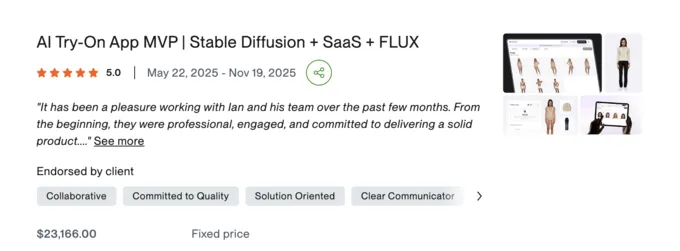 Upwork review screenshot: AI try-on app · Modella