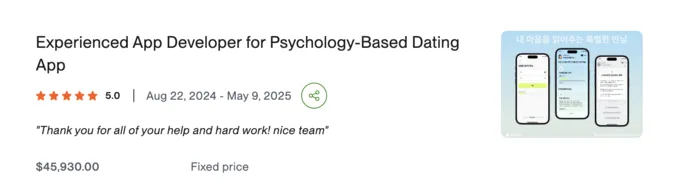 Upwork review screenshot: Dating app · Psyda