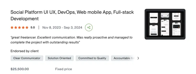 Upwork review screenshot: Social platform, full-stack