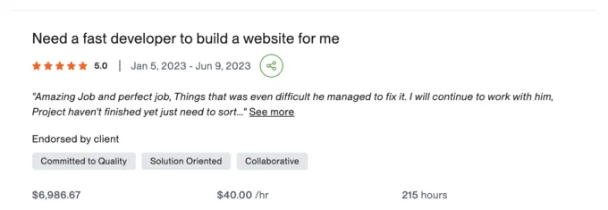 Upwork review screenshot: Website build
